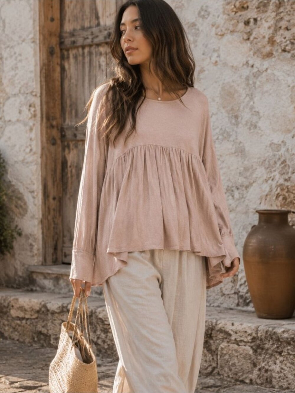 Blank Paige Peplum Top Blush Pink Medium Boho Lagenlook Cottagecore Relaxed Fit